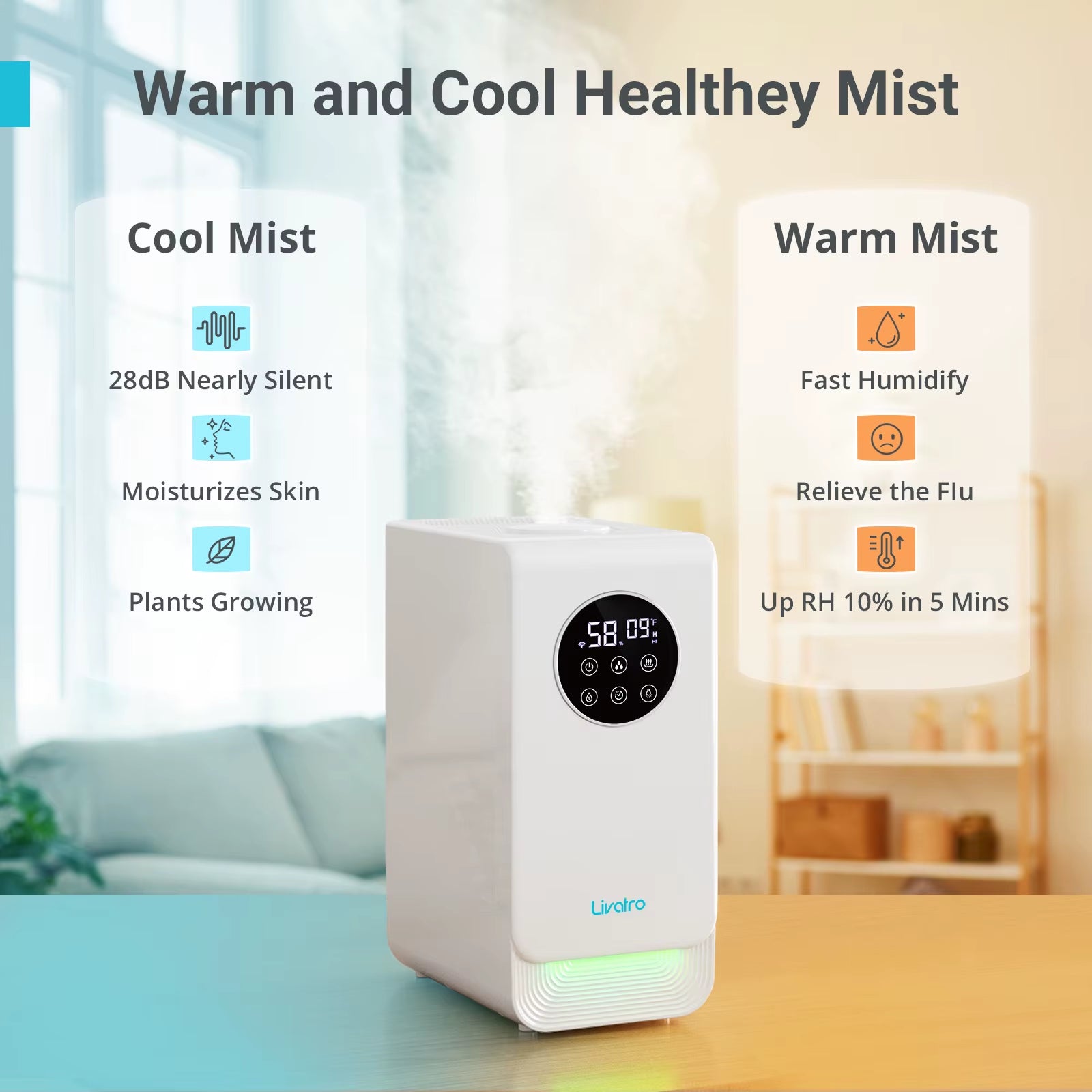 6L Smart Warm & Mist Humidifier for Bedroom, Top Fill, APP Control, Ultra-Quiet, Humidity Indicator Light