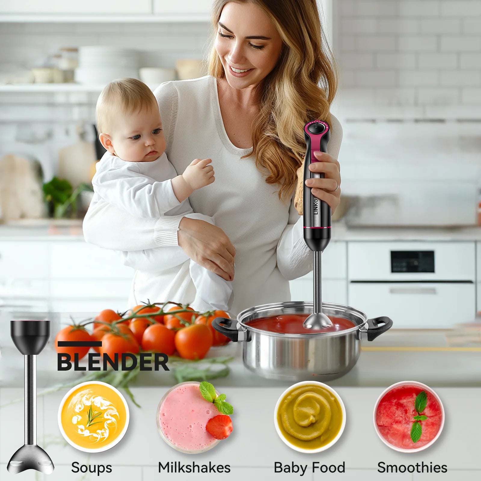Transform Your Cooking Experience with the 20-Speed 1000W 3-In-1 Immersion Hand Blender – Effortless Blending, Whisking, and Frothing in One Compact Tool!