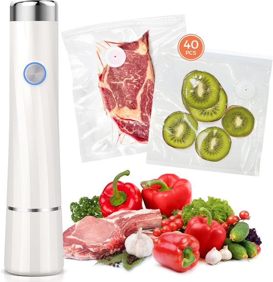 Vacuum Sealer for Food (Compact Vacuum Sealers+ 40 Reusable Vacuum Bags), Powerful Handheld Vacuum Sealer for 10X Preservation & Fresh.