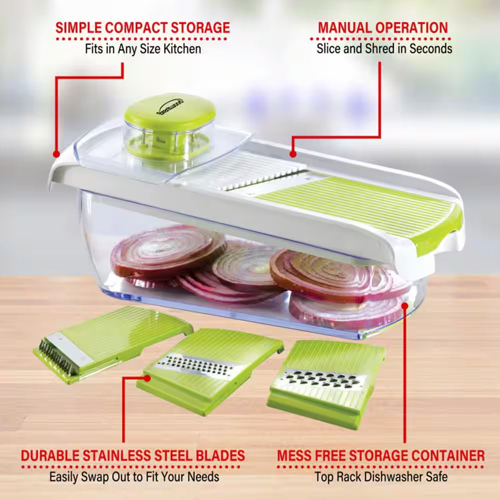 Transform Your Cooking Experience with the Versatile Mandolin Slicer - Includes 5-Cup Storage Container and 4 Interchangeable Stainless Steel Blades