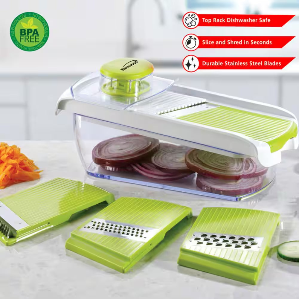 Transform Your Cooking Experience with the Versatile Mandolin Slicer - Includes 5-Cup Storage Container and 4 Interchangeable Stainless Steel Blades