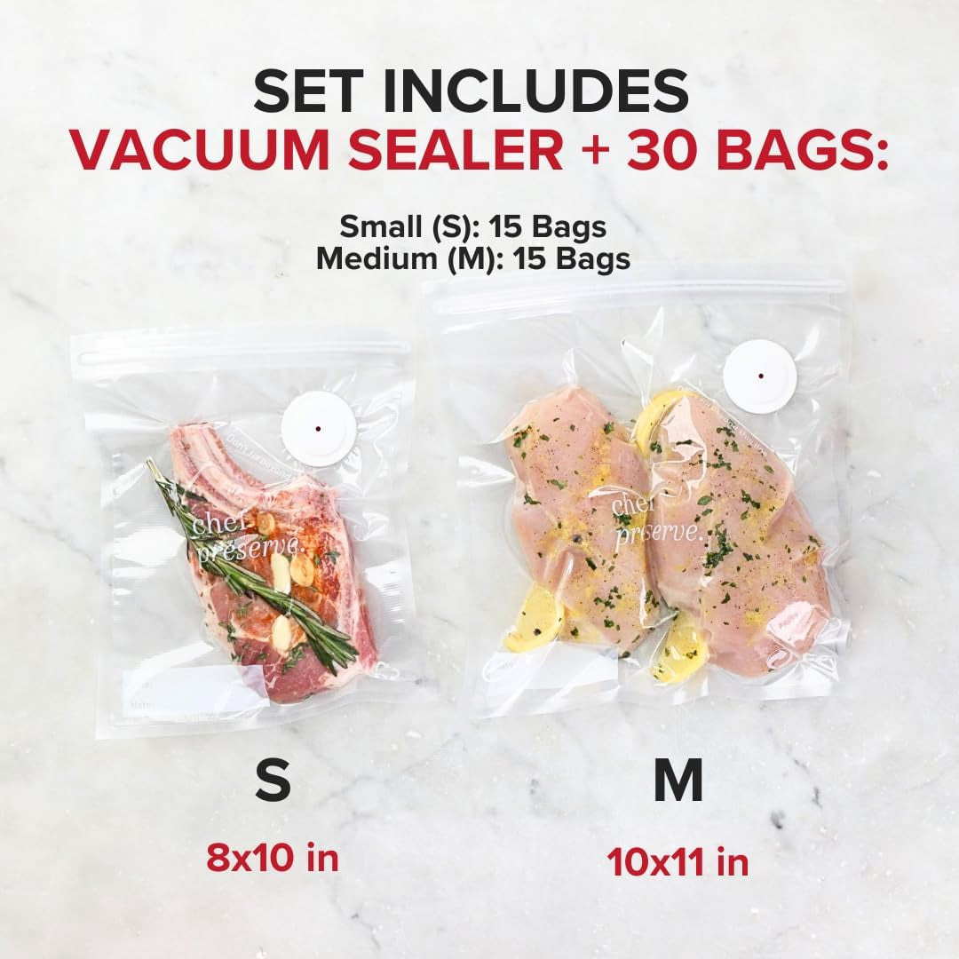 Compact Vacuum Sealer for Food (Vacuum Sealer Machine + 30 Reusable Vacuum Bags) Powerful Handheld Vacuum Sealer Machine, Seal Meal Saver, Portable Food Sealer